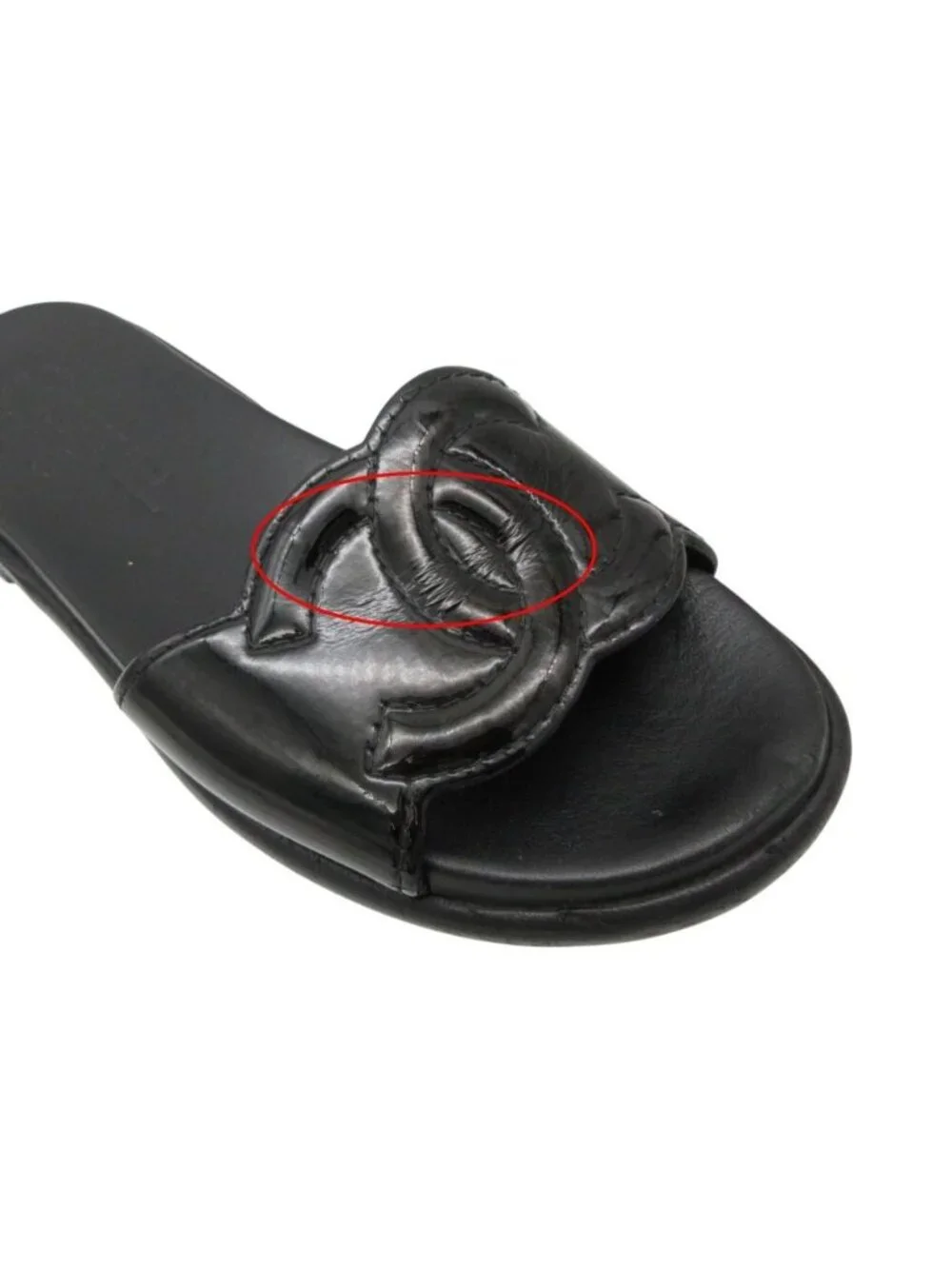 Chanel Beach Sandals Slide Flat CC Logo Enamel Patent Leather Black
